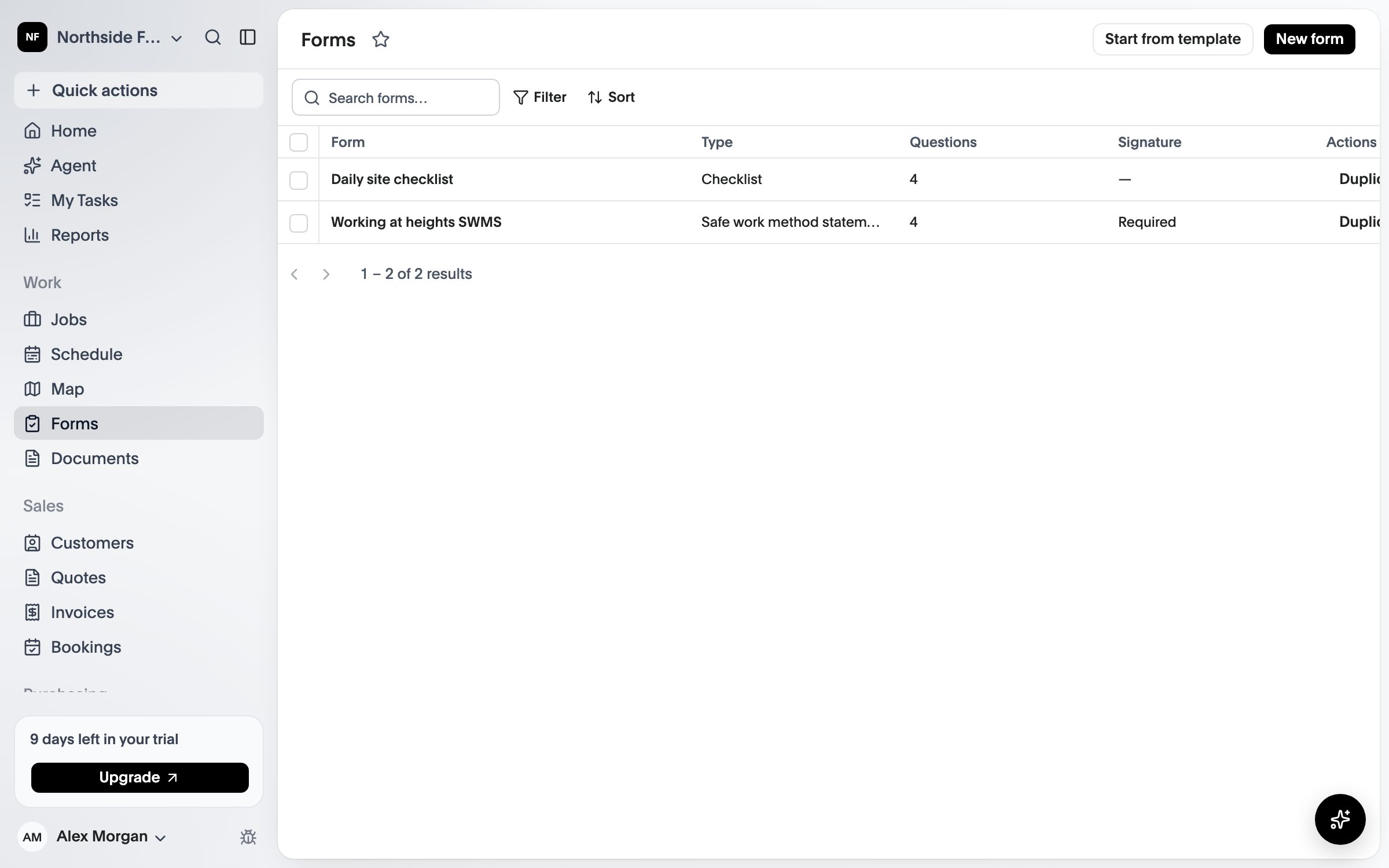 Forms: a daily site checklist and a working at heights SWMS that needs a signature