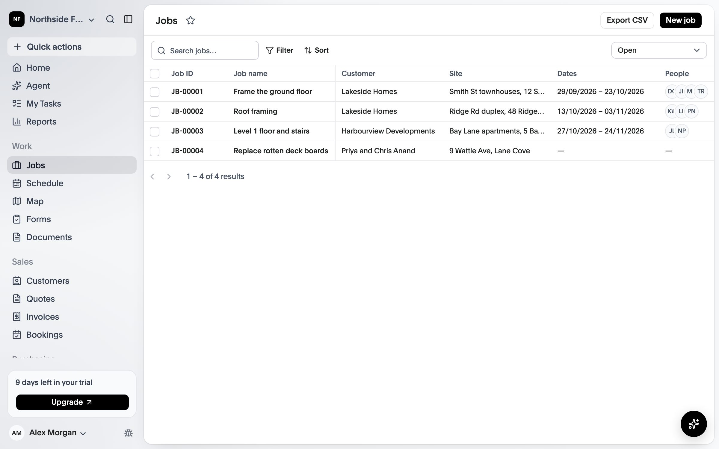 The jobs list with each job’s customer, site, dates, crew and status