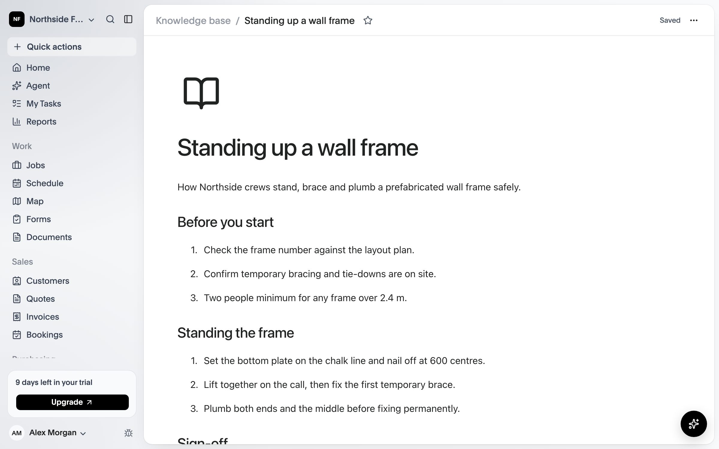 A knowledge base page: the crew’s procedure for standing up a wall frame