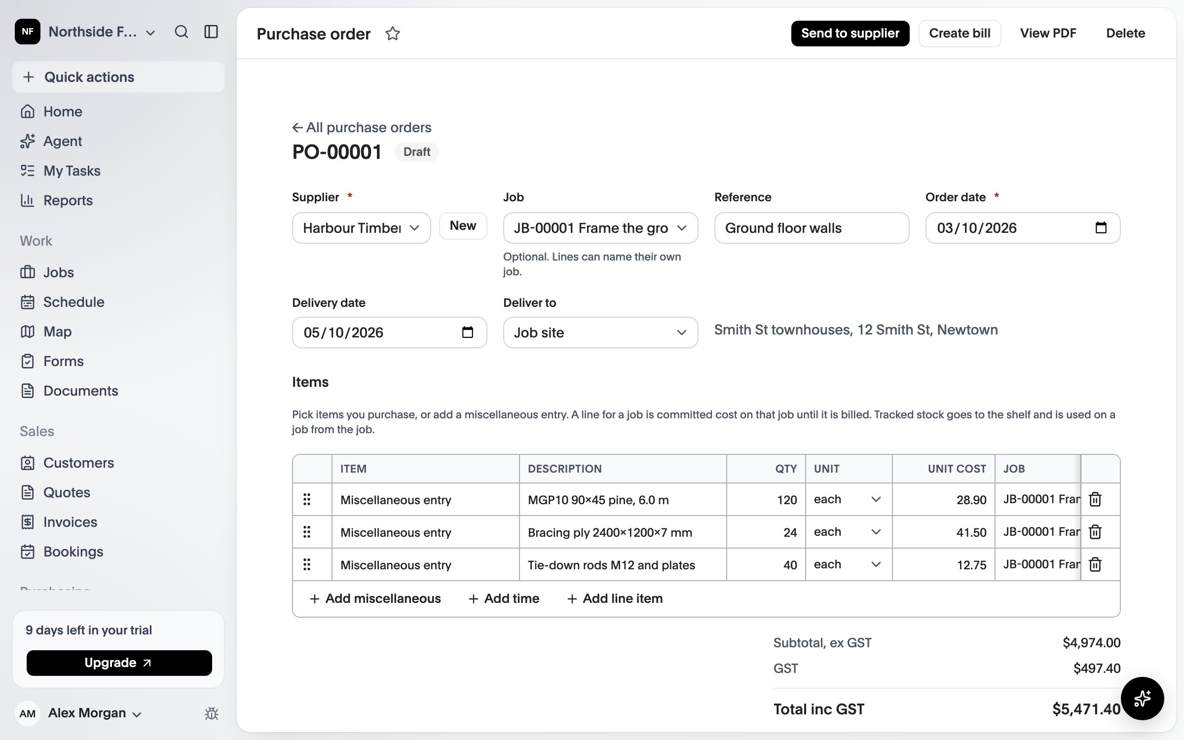 A purchase order to a timber supplier, delivered to the job site, with each line allocated to the job