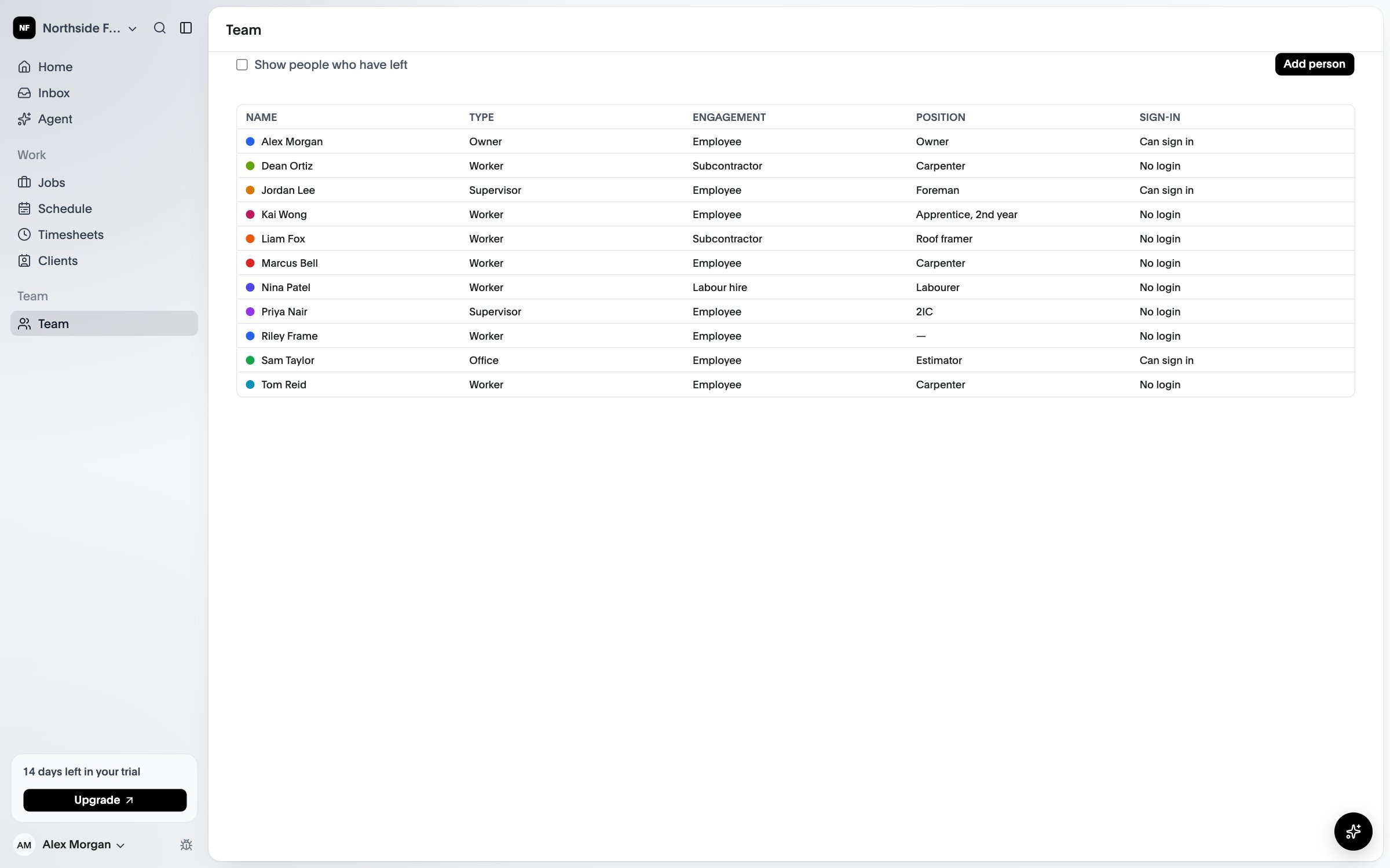 The team list with each person’s user type, engagement and whether they sign in